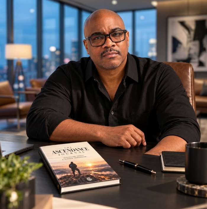 Derek Bingham seated at his desk with The Ascendance Journal