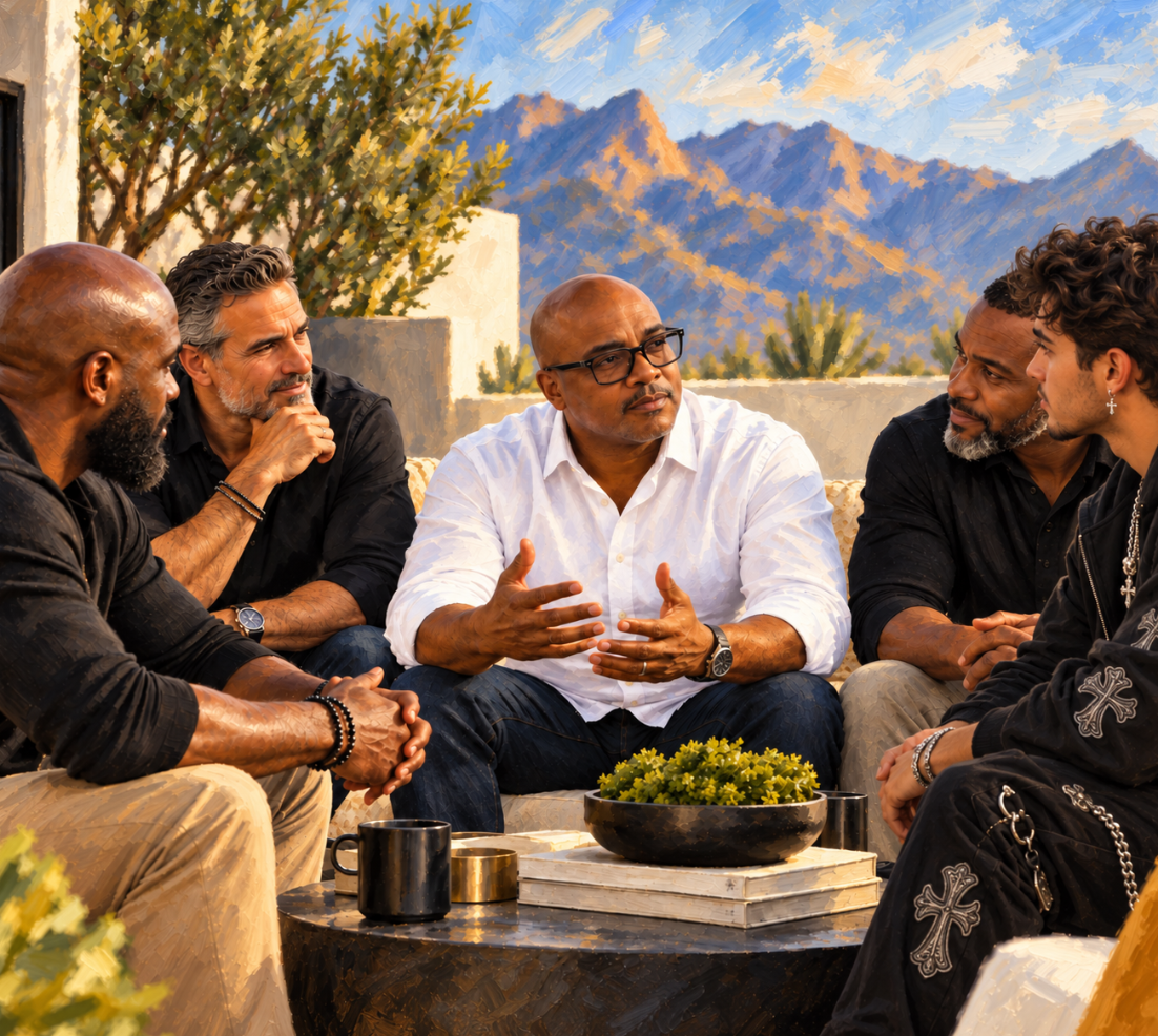 Derek Bingham in conversation with a group of men in The Kingsmen community